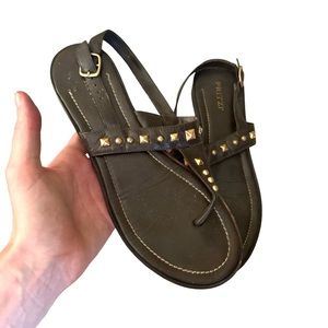 Pritzi Leather Studded Thong Sling Back Flat Sandals Brown Size 10.5